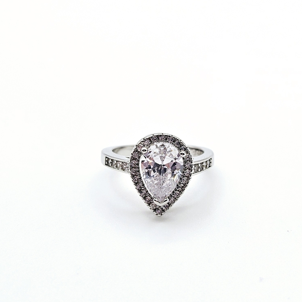 925 Sterling Silver Pear Cut Halo CZ Ring Sz 7 Bridal Wedding Engagement New